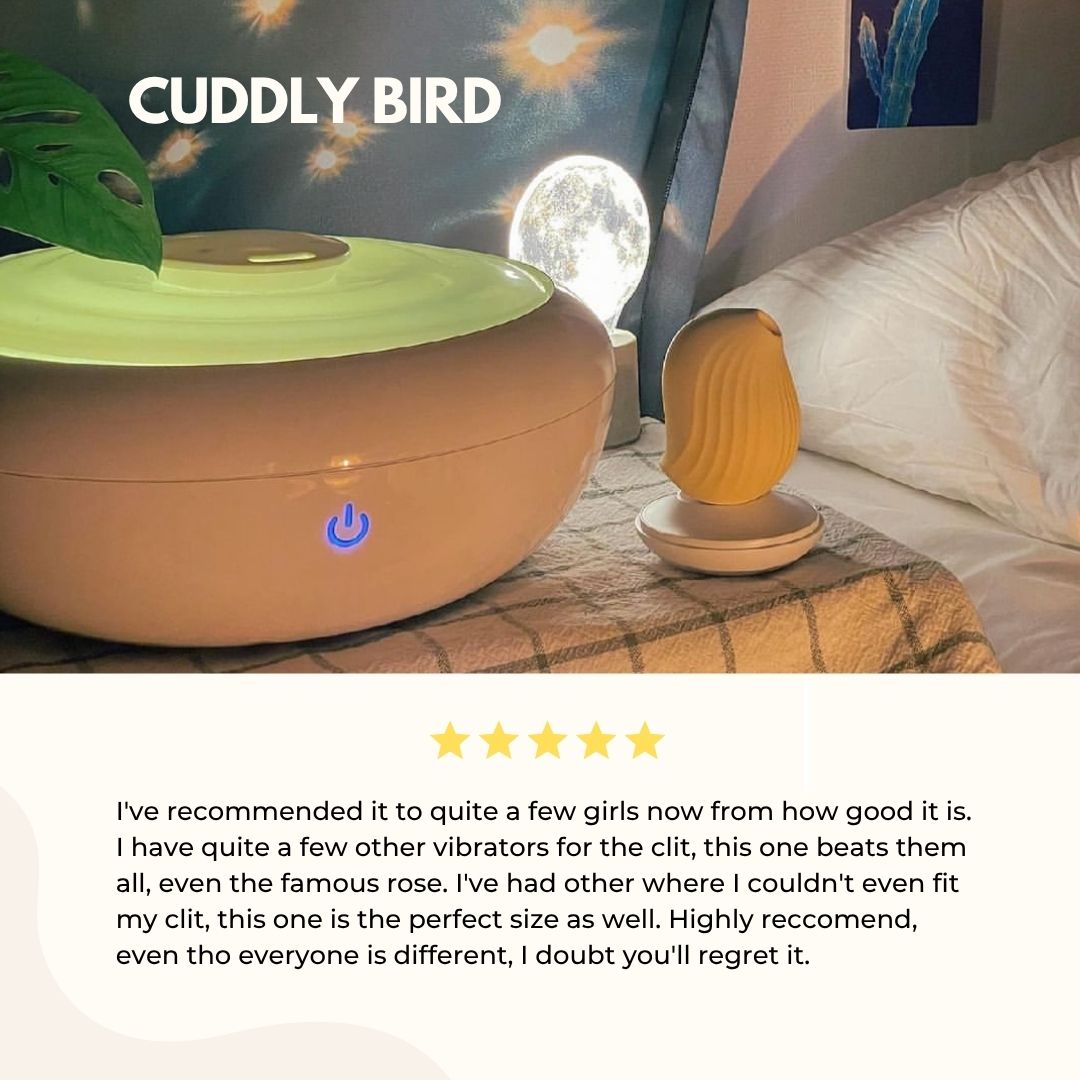 Cuddly Bird product on a surface with a star rating and customer review text.