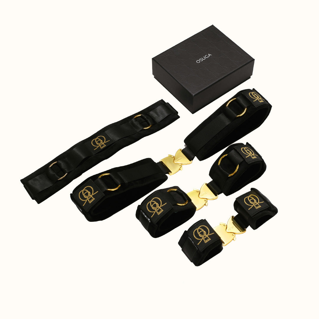 OSUGA Bondage Boutique Black Neck on Thigh, Thigh Harness, Wrist and Ankle Restraints