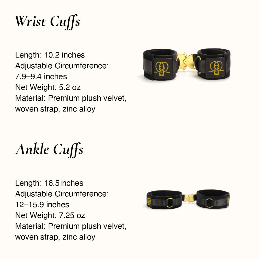 OSUGA Black wrist and ankle cuffs with gold hardware and product details.