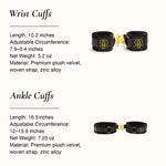 OSUGA Black wrist and ankle cuffs with gold hardware and product details.