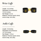 OSUGA Black wrist and ankle cuffs with gold hardware and product details.