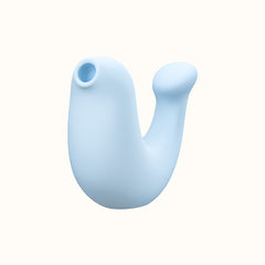 A light blue sex toy with a smooth, curved design, featuring a larger suction mouth for air-pulse clitoral suction. The tail area is enlarged for enhanced g-spot stimulation.