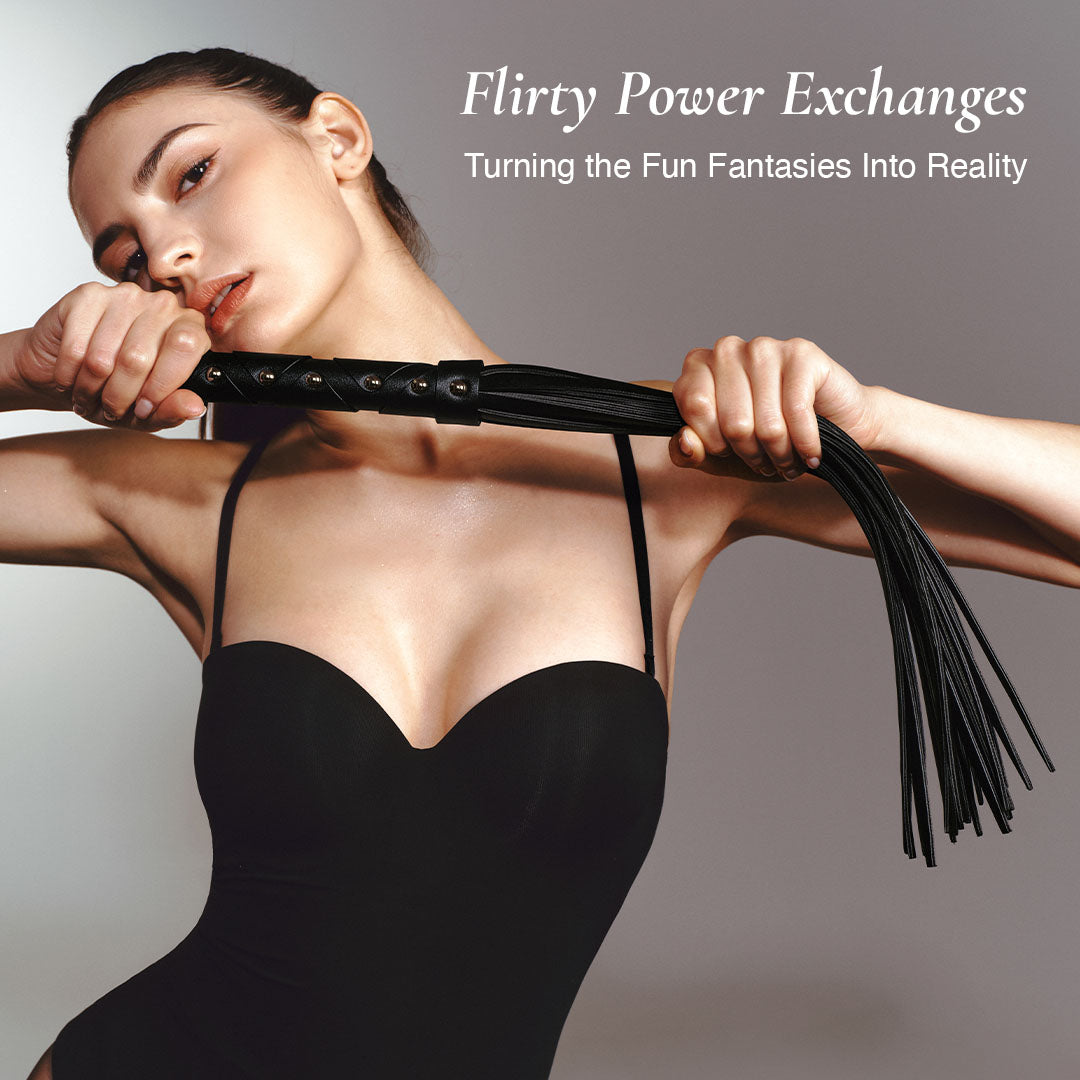 Woman holding the osuga black leather tassel whip turns the fantasies into reality