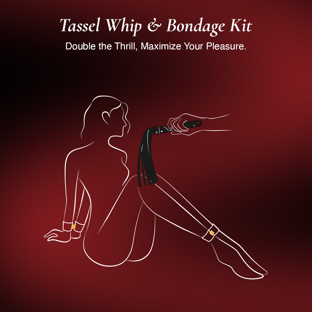 tassel whip and bondage kit with a silhouette of a woman 
