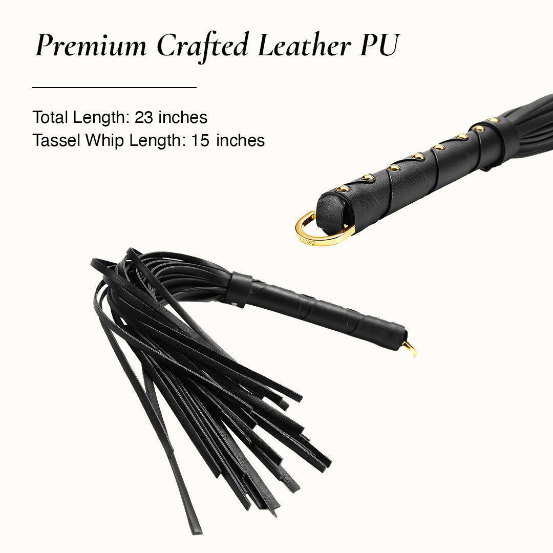 Black premium leather whip with tassels