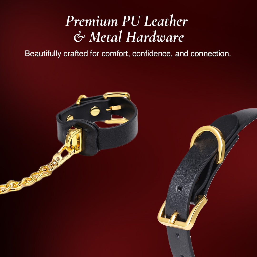 Osuga premium leather black collar with gold hardware