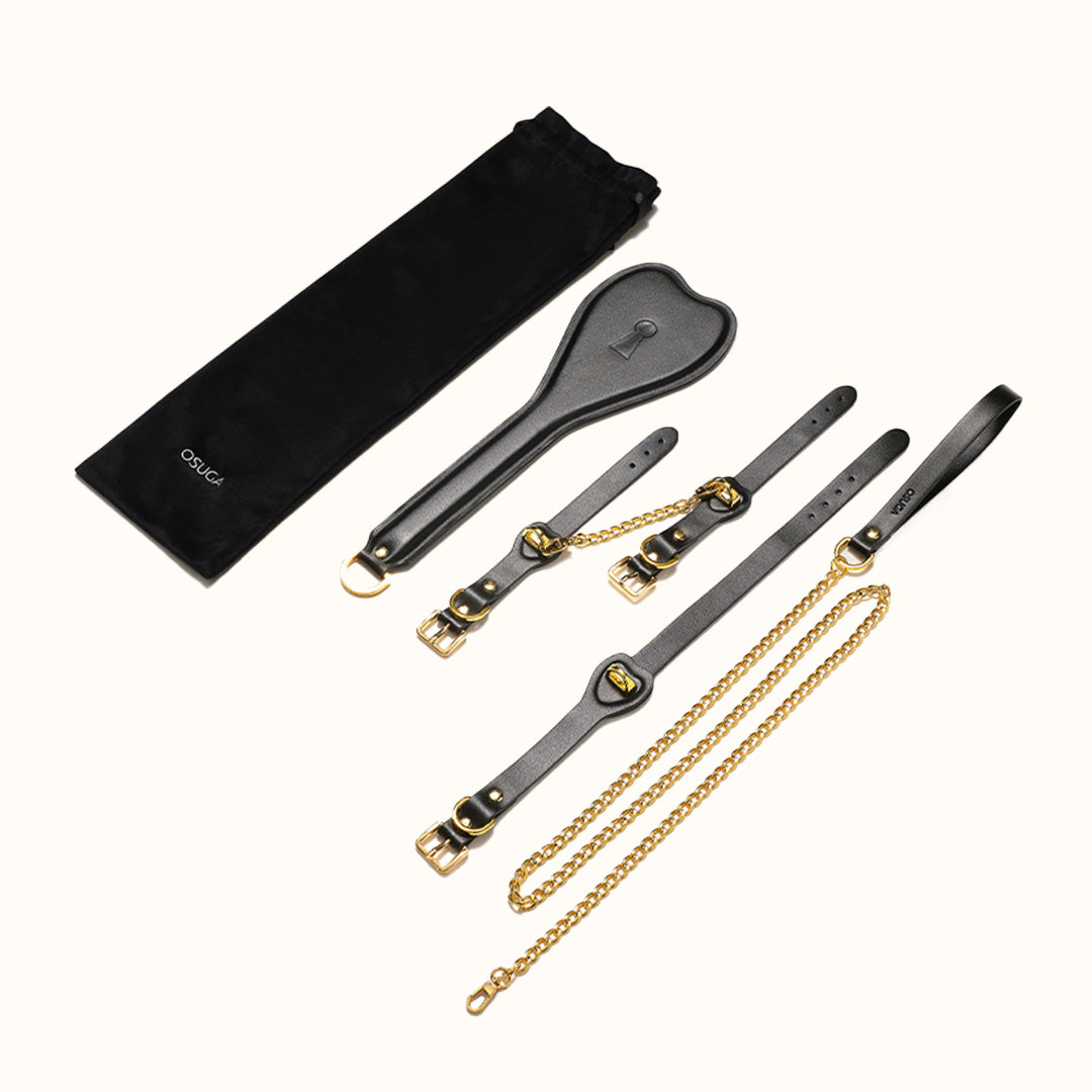 Set of Osuga fetish leather straps with gold chains and a black pouch 