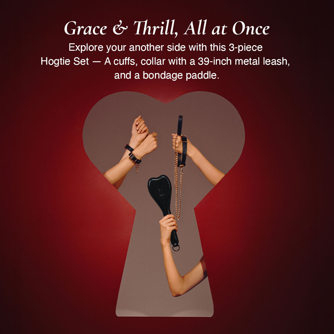 3-piece hogtie set with handcuffs, collar, and heart bondage paddle