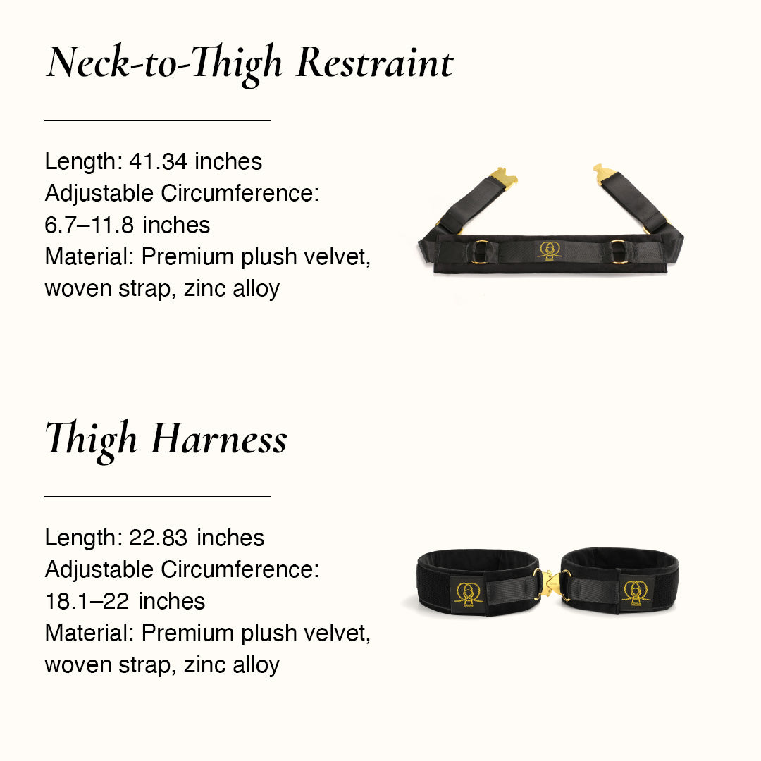 OSUGA Neck-to-Thigh Restraint and Thigh Harness with product details and dimension