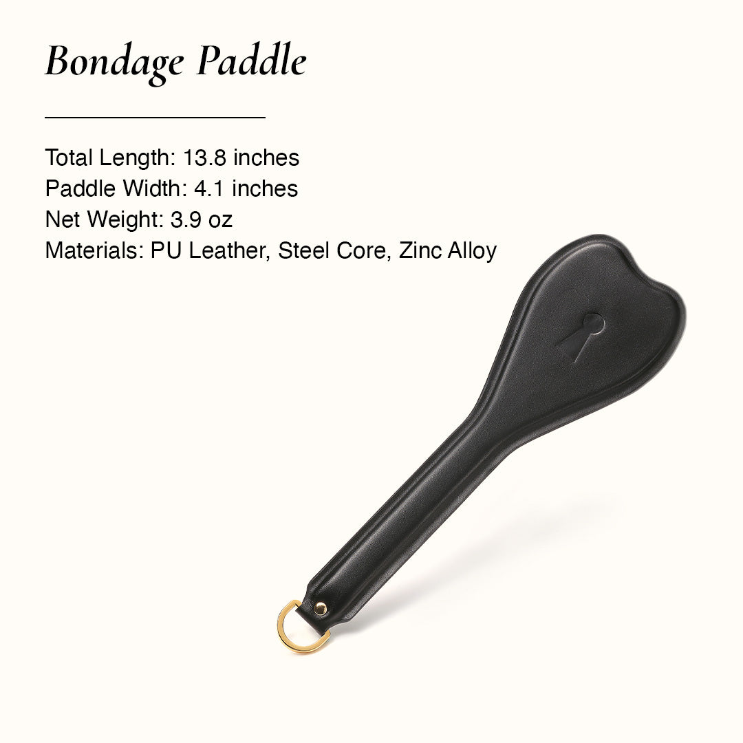 Black bondage paddle with product details, size and dimension
