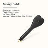 Black bondage paddle with product details, size and dimension