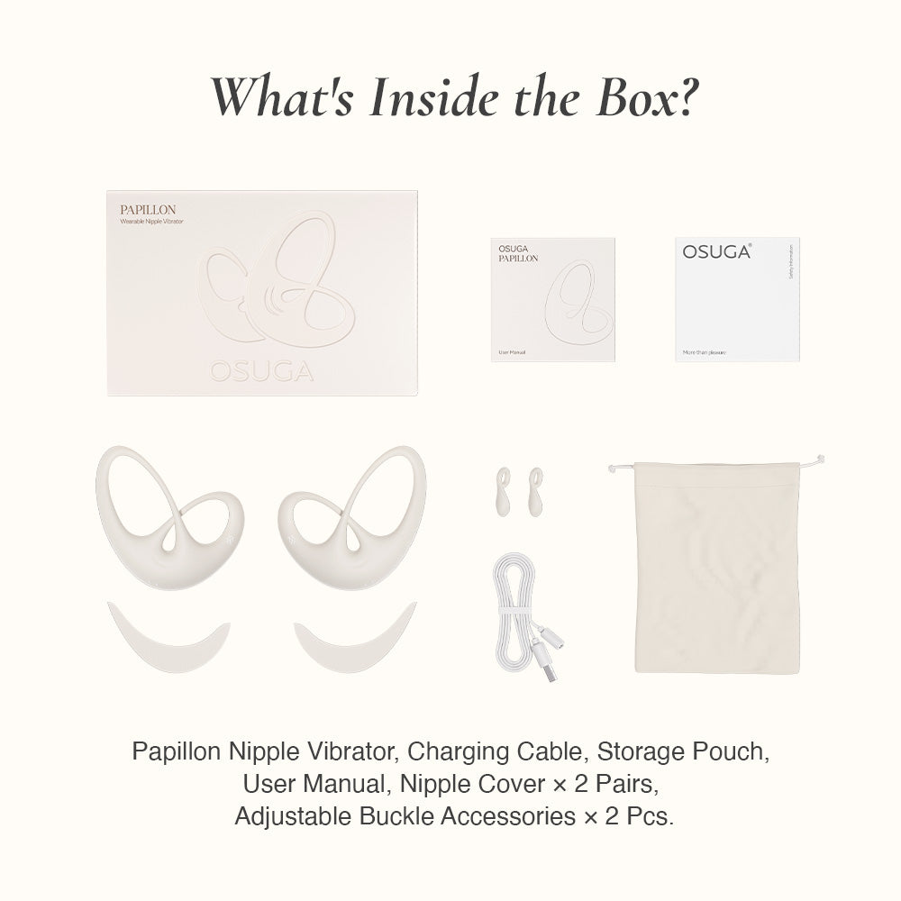 Product packaging with Papillon Nipple Vibrator, charging cable, storage pouch, user manual, and accessories on a white background.