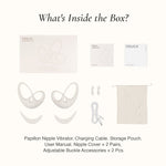 Product packaging with Papillon Nipple Vibrator, charging cable, storage pouch, user manual, and accessories on a white background.
