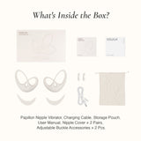 Product packaging with Papillon Nipple Vibrator, charging cable, storage pouch, user manual, and accessories on a white background.