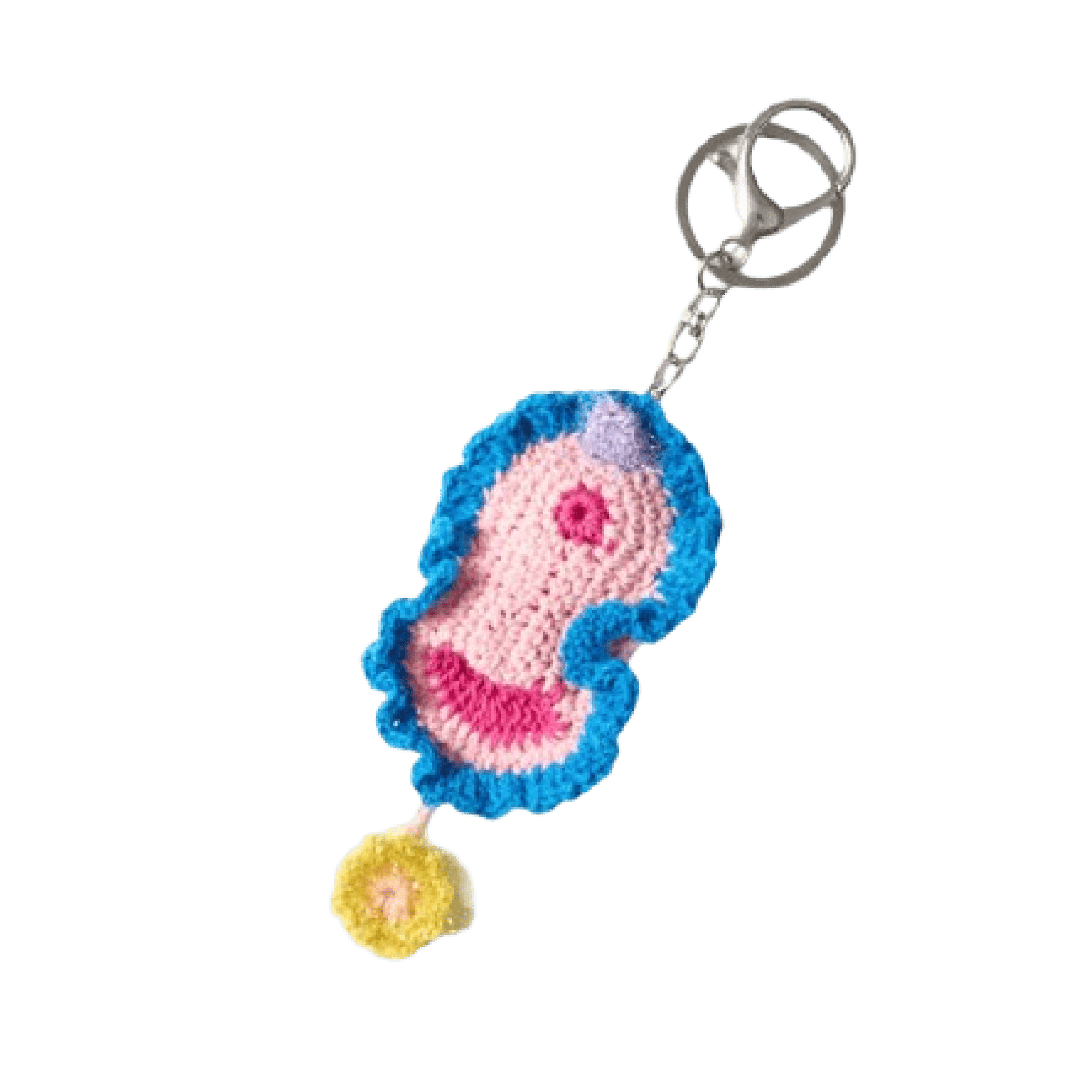 Crocheted vulva keychain with a pink and blue design